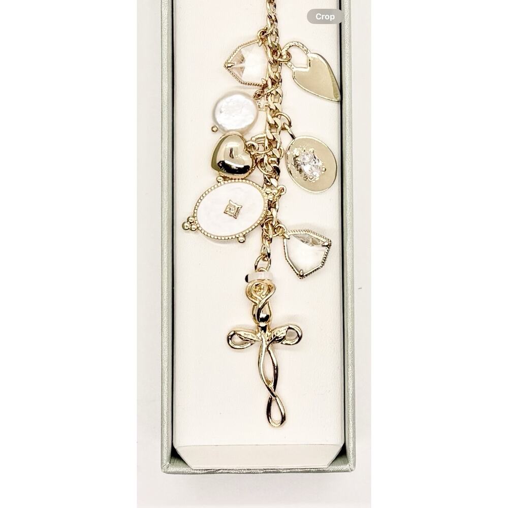 Atterri Gold Cross Rose Bag Charm Shell Hearts Key Jean Chain NEW Religious - Picture 2 of 2
